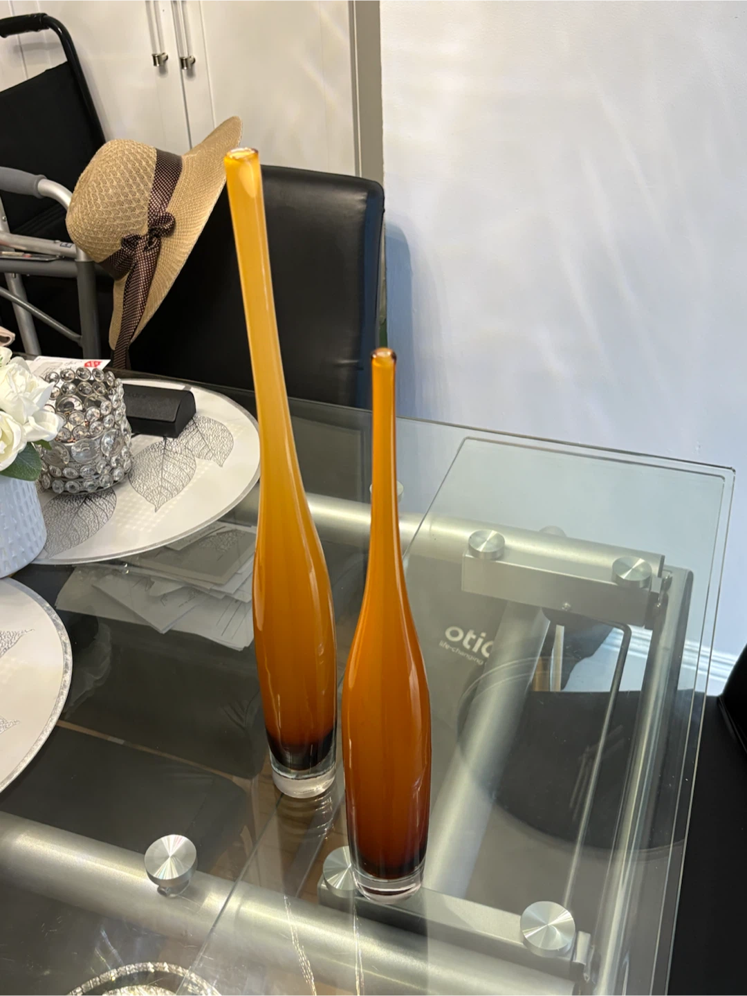 Set of 2 Tall Amber Art Glass Bud Vases Modern Sculptural Décor - photo 4