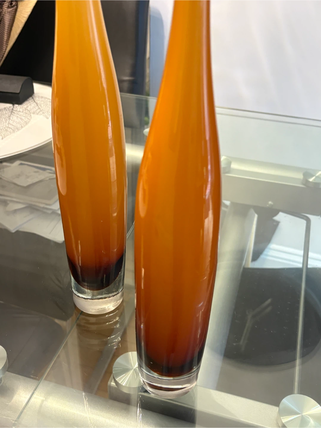 Set of 2 Tall Amber Art Glass Bud Vases Modern Sculptural Décor - photo 5