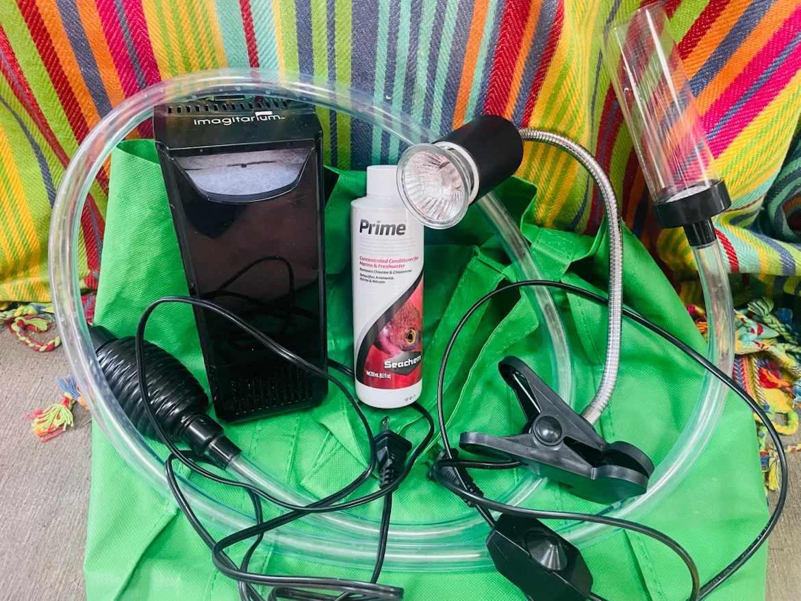 Fish tank supplies lot: filter, heat lamp, cleaner, conditioner