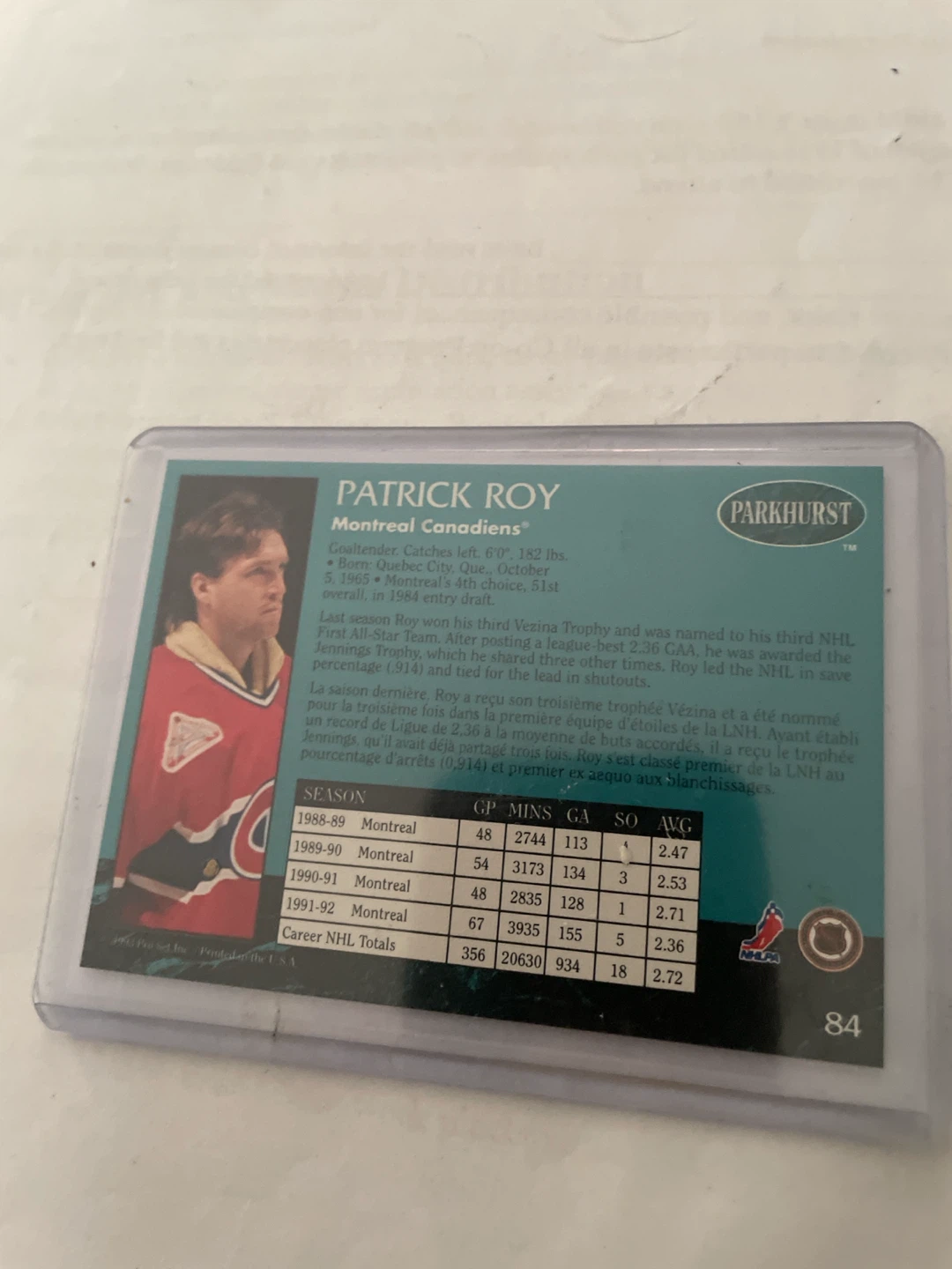 Patrick Roy 1991-92 Parkhurst Hockey Card - photo 2