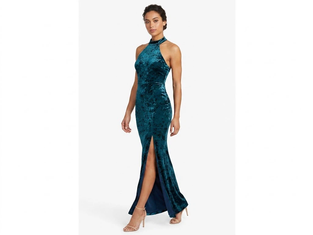 Teal Velvet Halter Maxi Dress