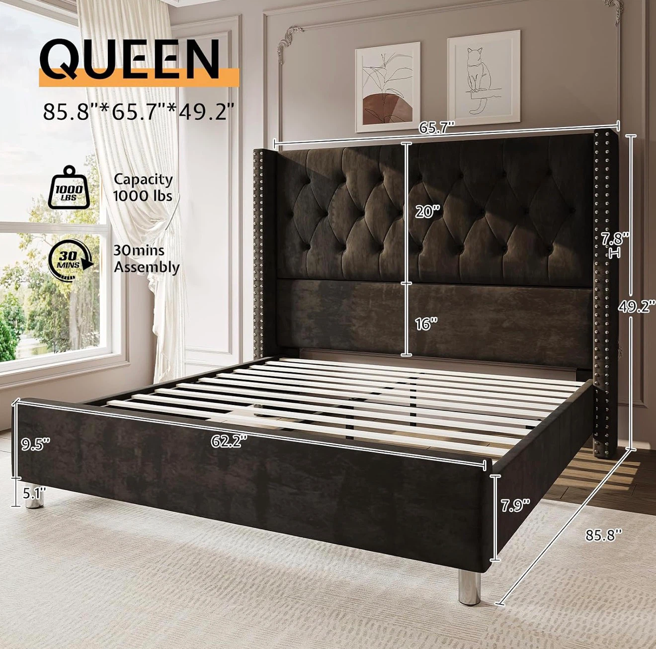 Queen Size Tufted Velvet Bed Frame - photo 2