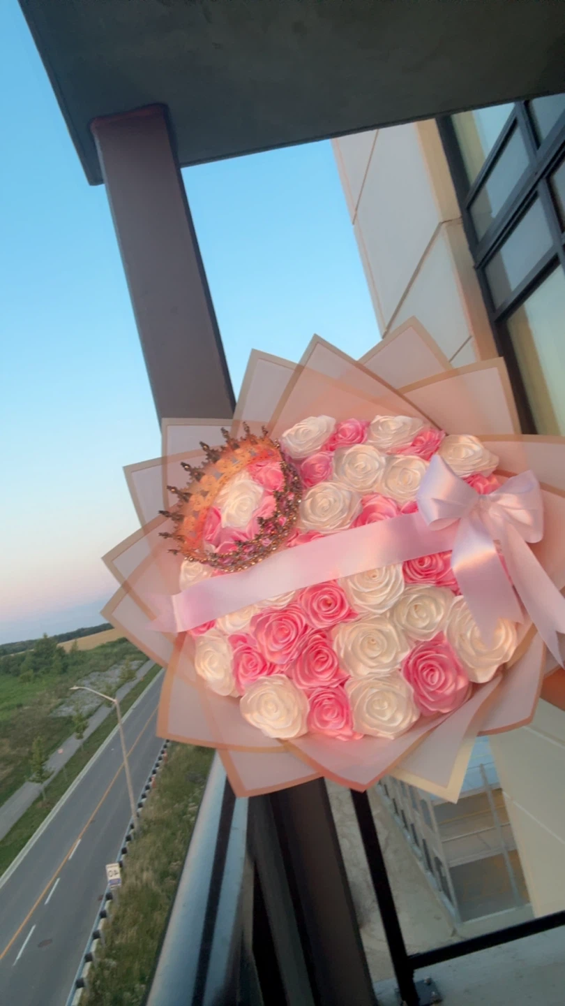 Pink and White Rose Bouquet with Crown