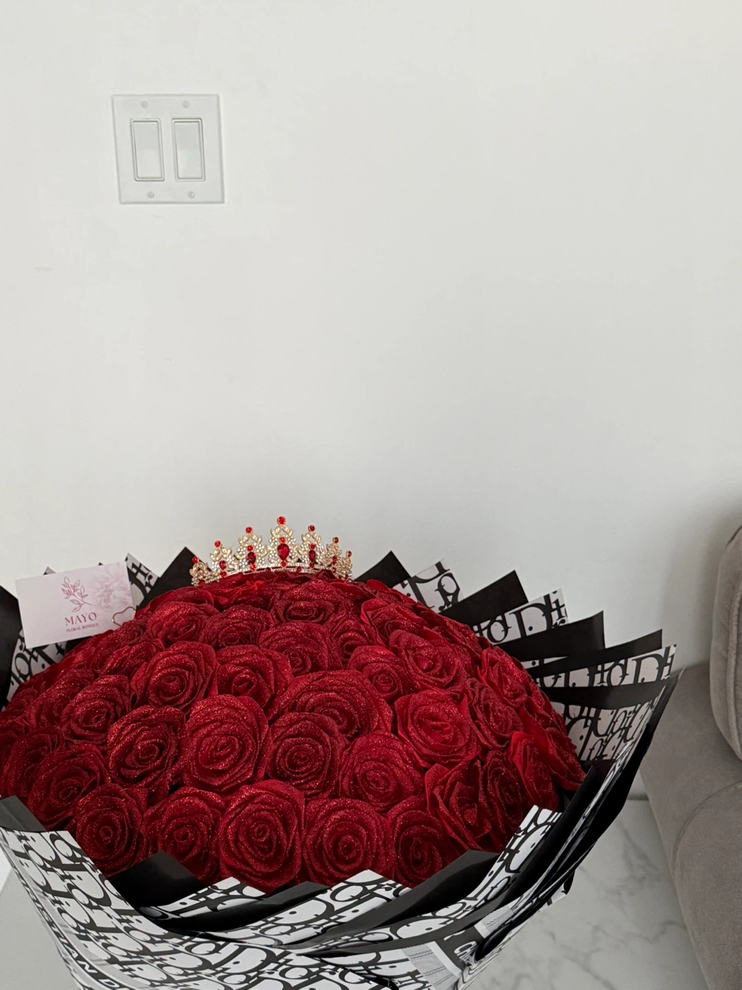 Large Red Glitter Rose Bouquet with Crown