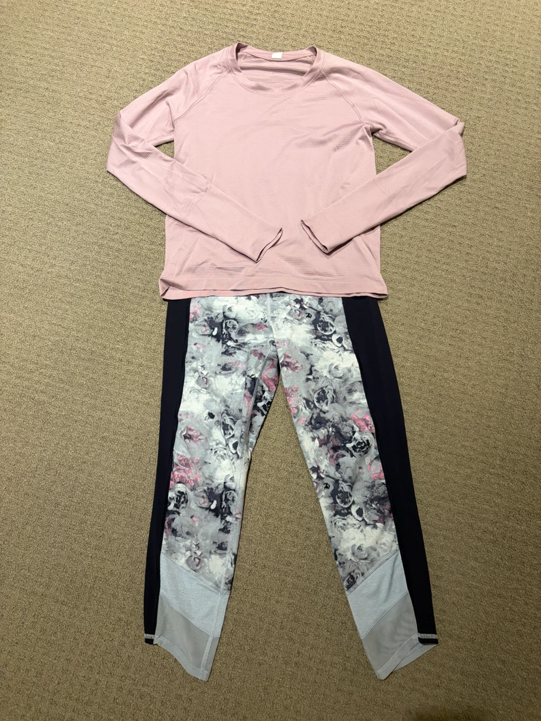 Lululemon Pink Long Sleeve Top & Floral Leggings Set