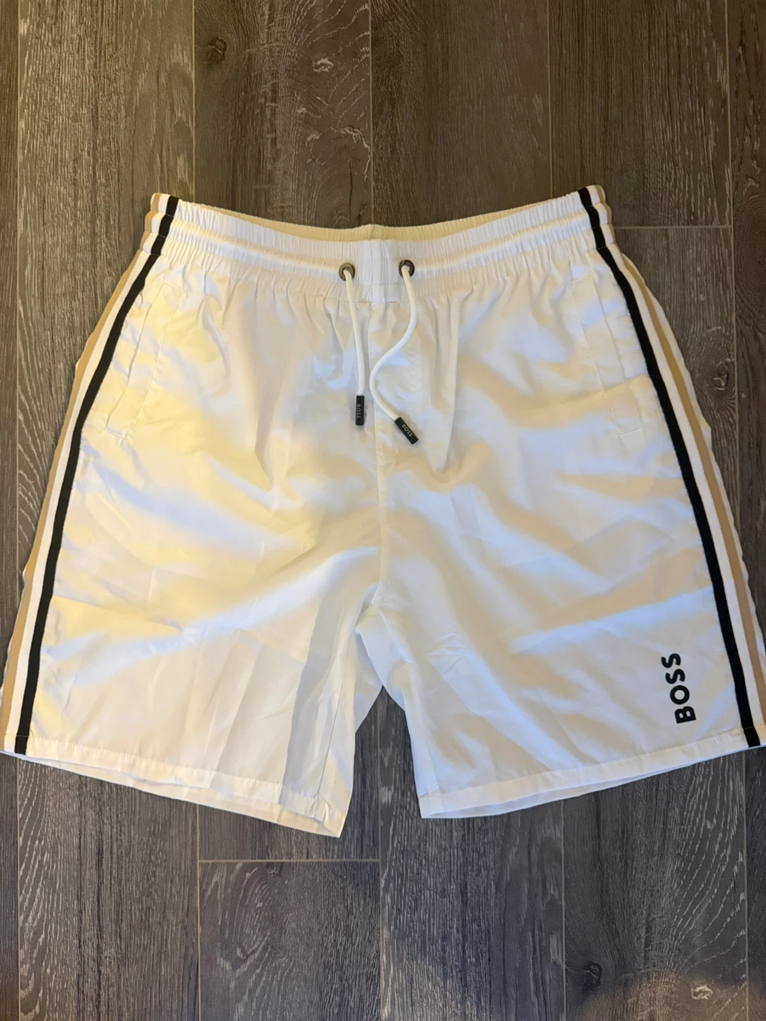 BOSS White Swim Trunks with Side Stripes