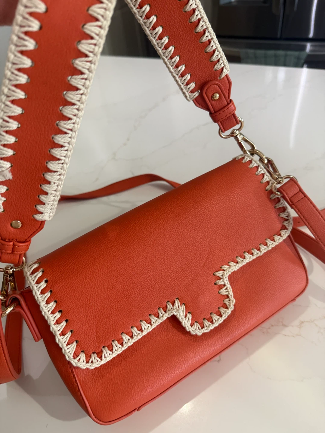 Orange Faux Leather Shoulder Bag with Whipstitch Detail