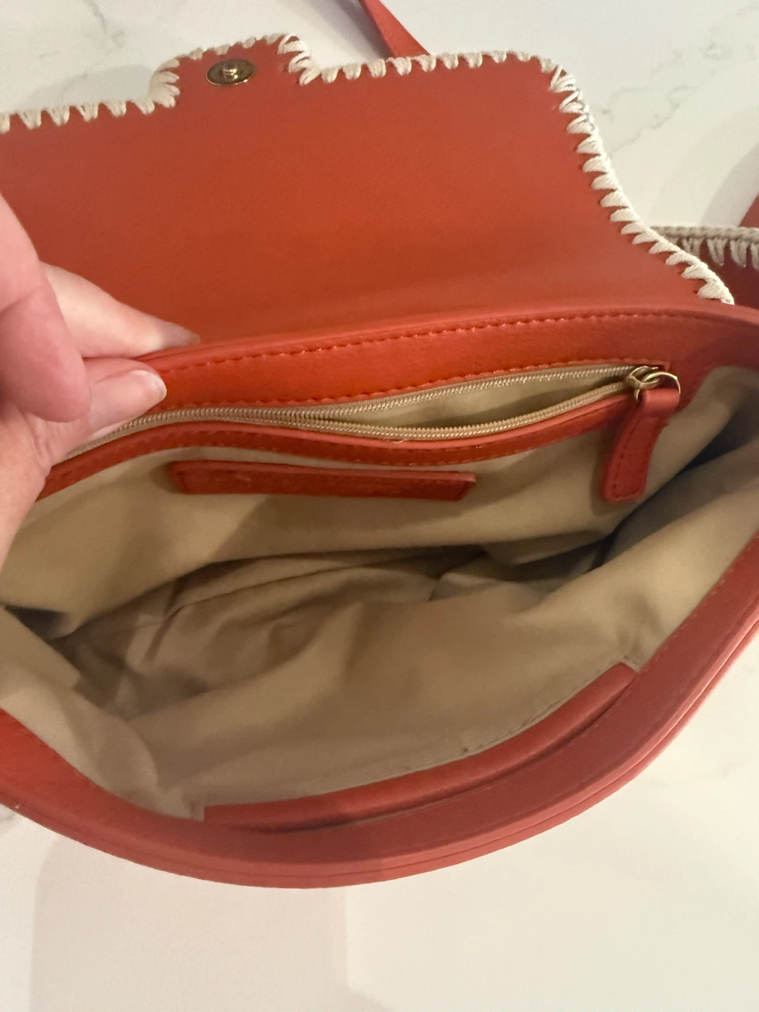 Orange Faux Leather Shoulder Bag with Whipstitch Detail - photo 2