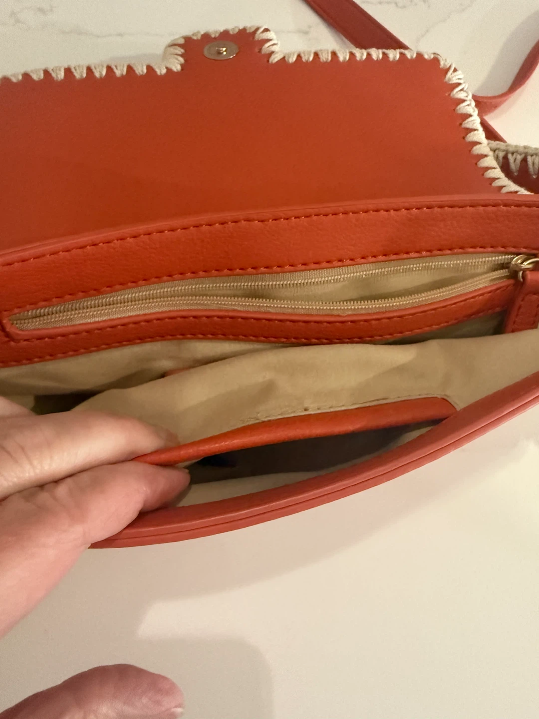 Orange Faux Leather Shoulder Bag with Whipstitch Detail - photo 3
