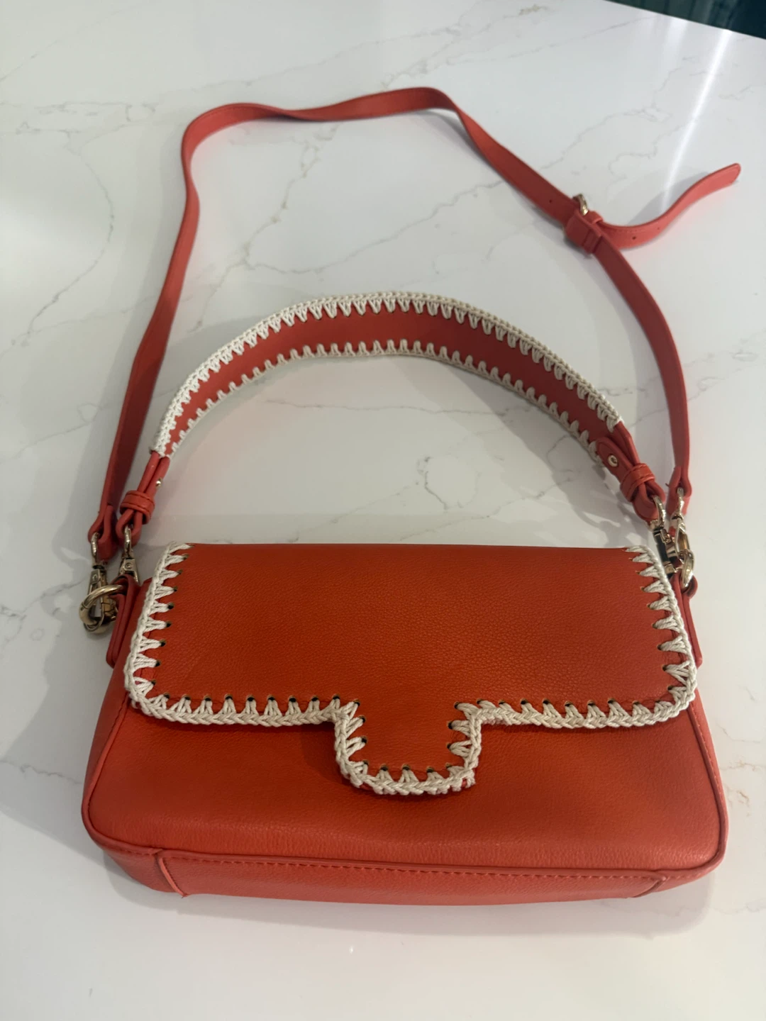 Orange Faux Leather Shoulder Bag with Whipstitch Detail - photo 5