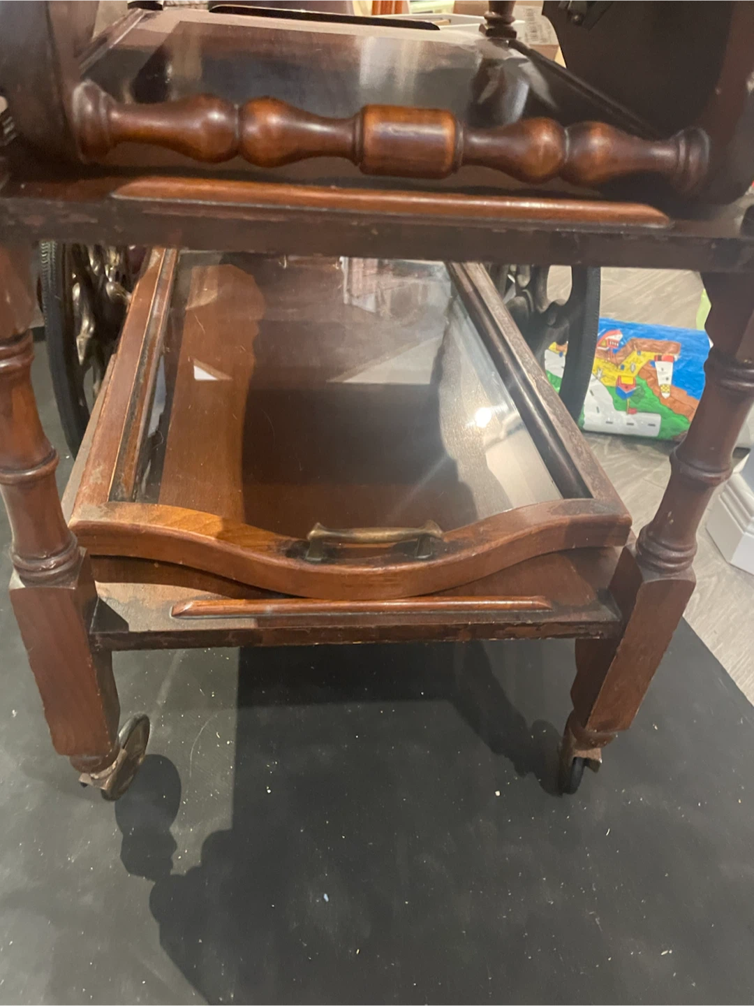 Vintage Wooden Bar Cart with Glass Tray - photo 3