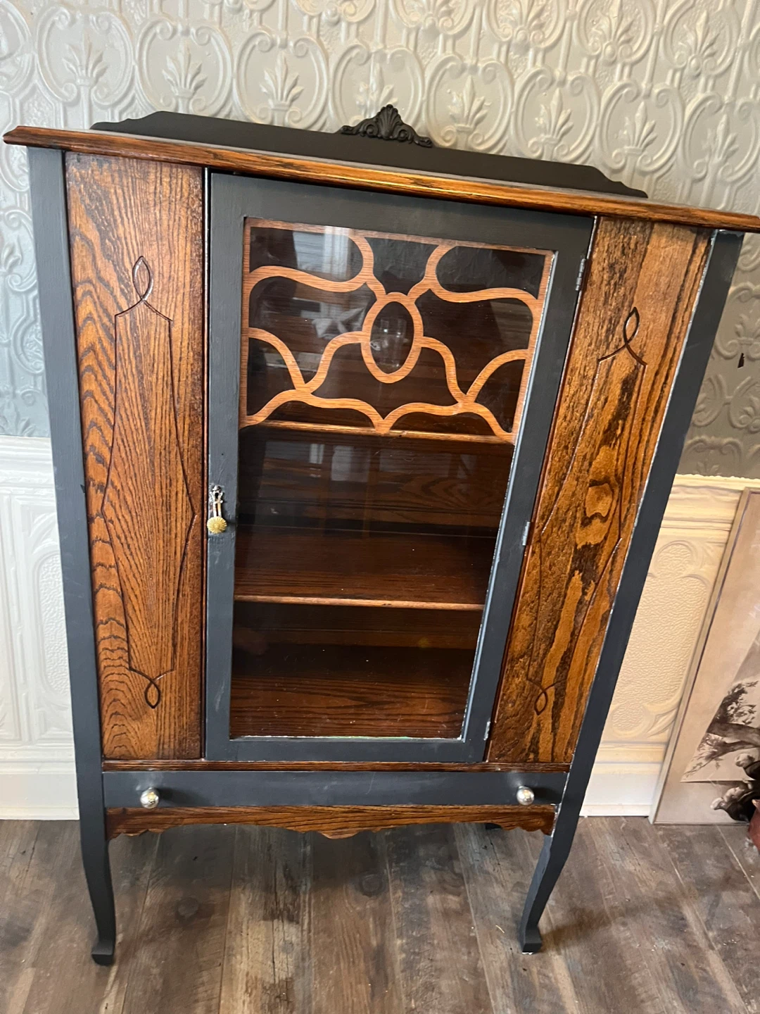 Vintage wood display cabinet with glass door