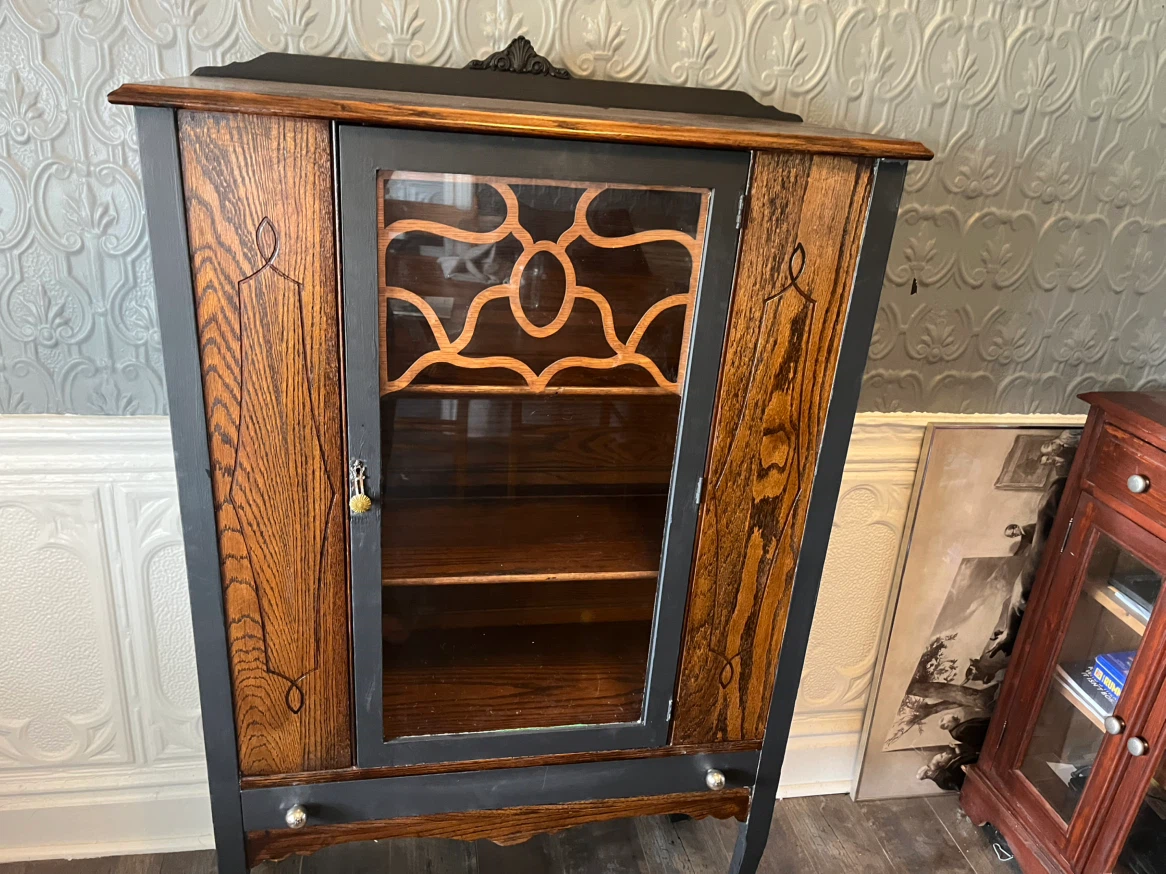 Vintage wood display cabinet with glass door - photo 4