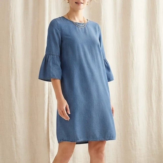 George Blue Chambray Denim Dress Bell Sleeve Round Neck Size XL