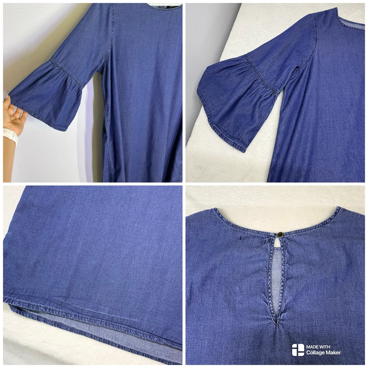 George Blue Chambray Denim Dress Bell Sleeve Round Neck Size XL - photo 2