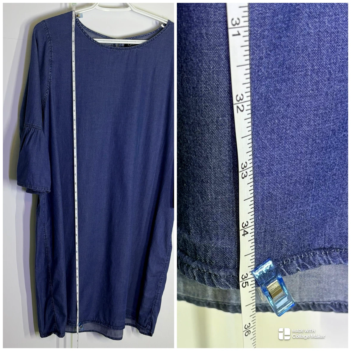 George Blue Chambray Denim Dress Bell Sleeve Round Neck Size XL - photo 3