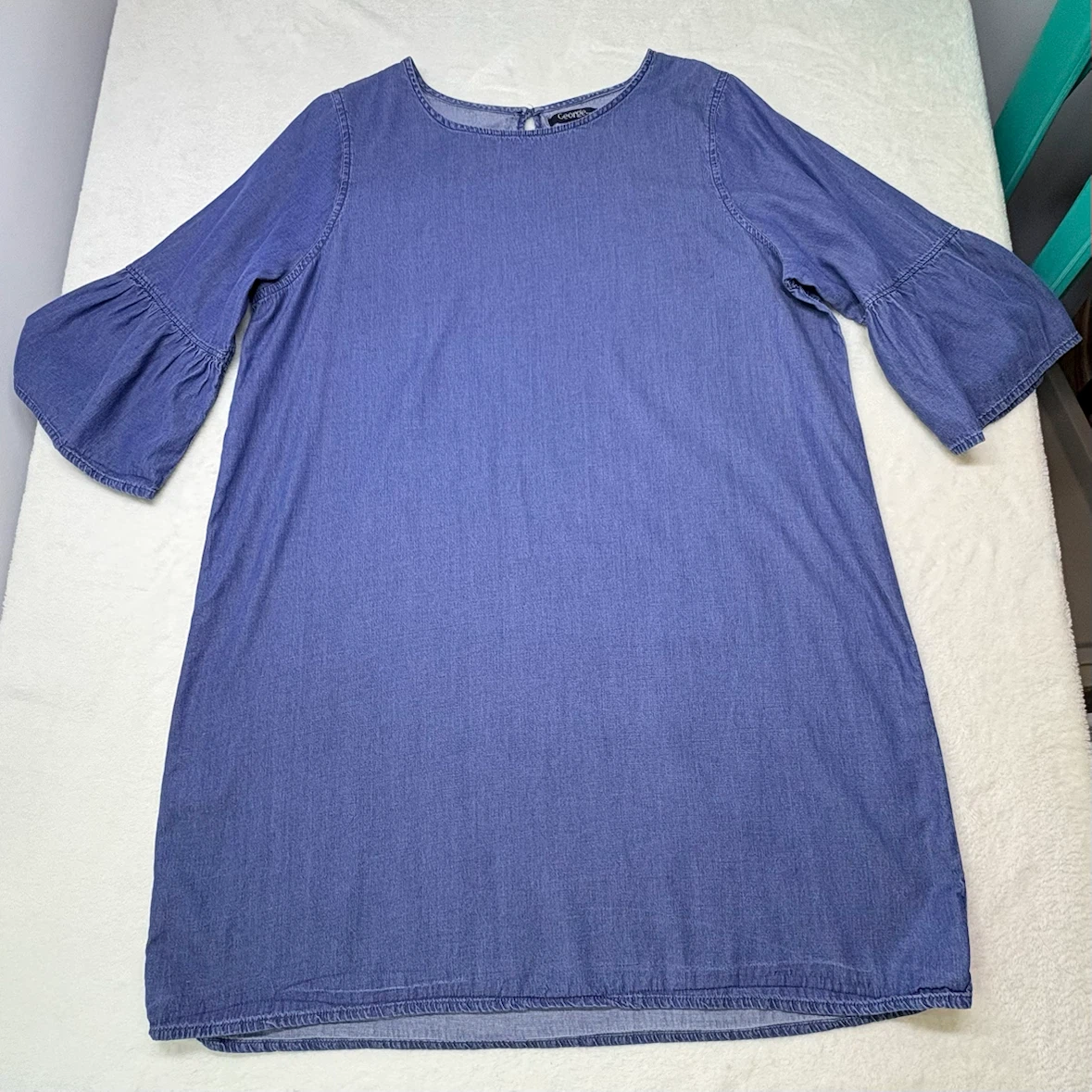 George Blue Chambray Denim Dress Bell Sleeve Round Neck Size XL - photo 5