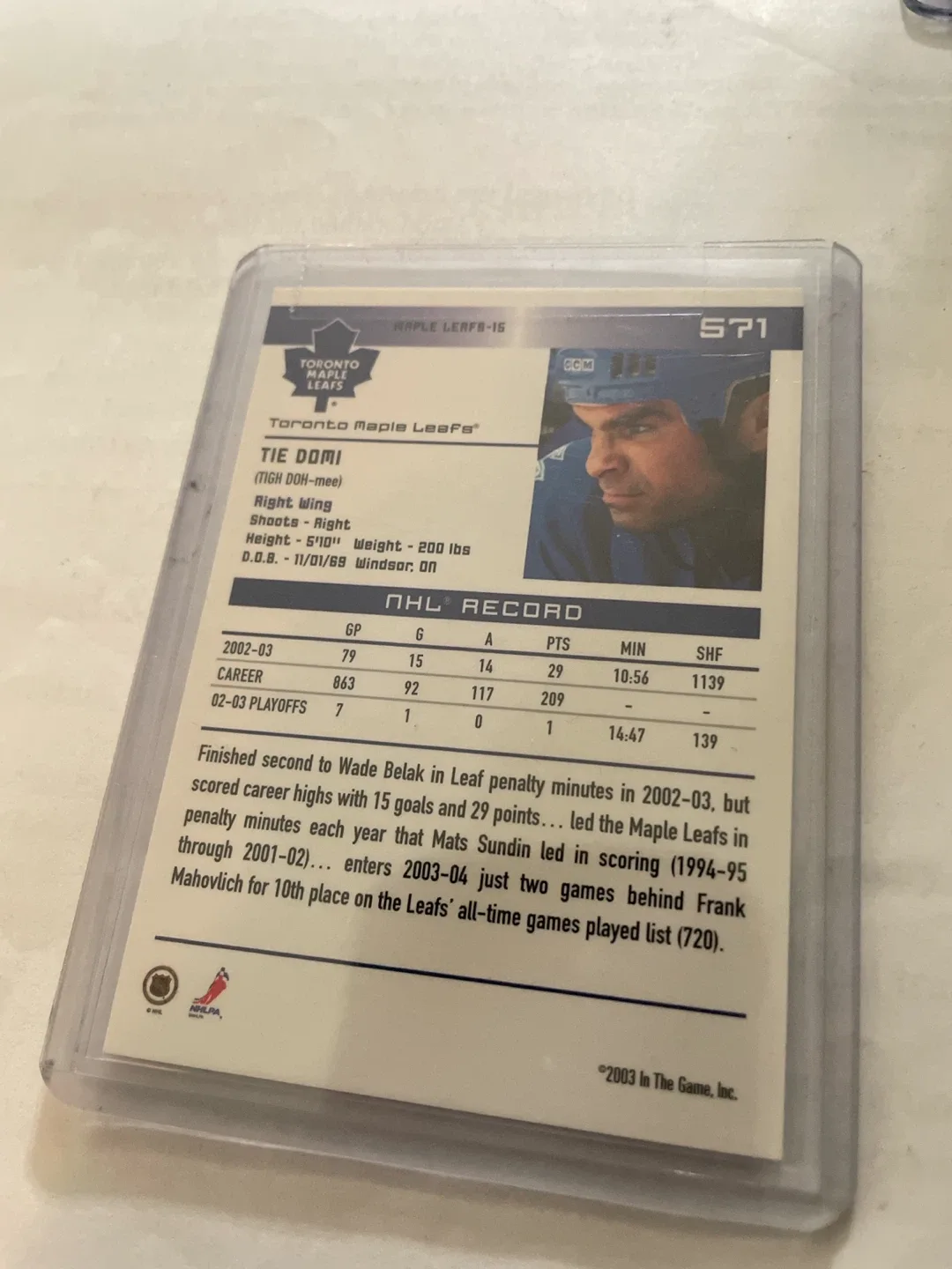 Tie Domi Toronto Maple Leafs Hockey Card - photo 2