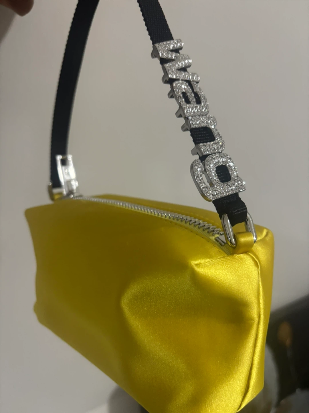 Alexander Wang Yellow Satin Rhinestone Logo Mini Bag
