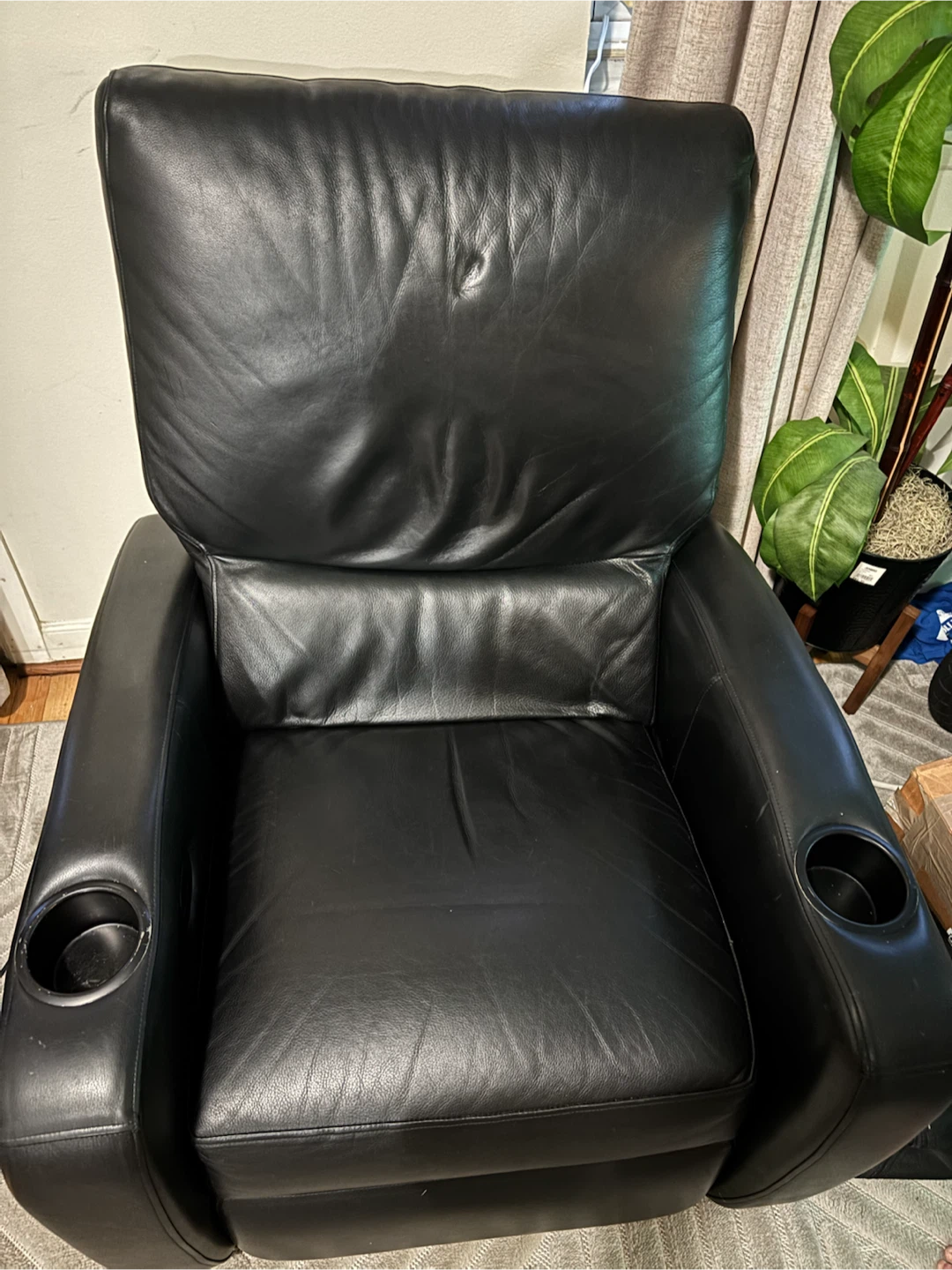 Black Leather Recliner Chair with Cup Holders