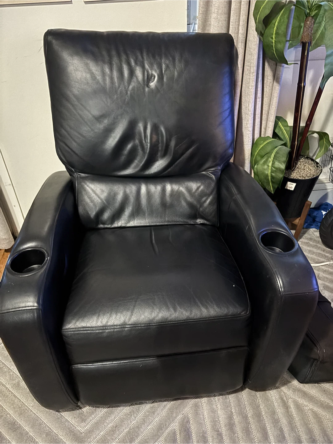 Black Leather Recliner Chair with Cup Holders - photo 2