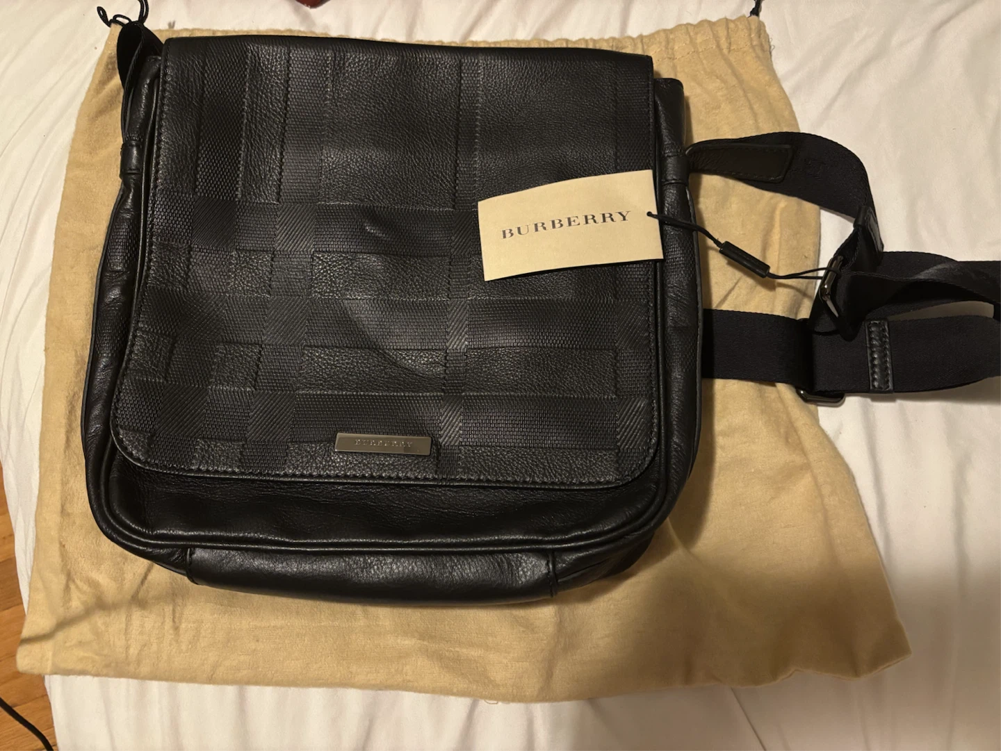 Burberry Black Leather Messenger Bag with Dust Bag