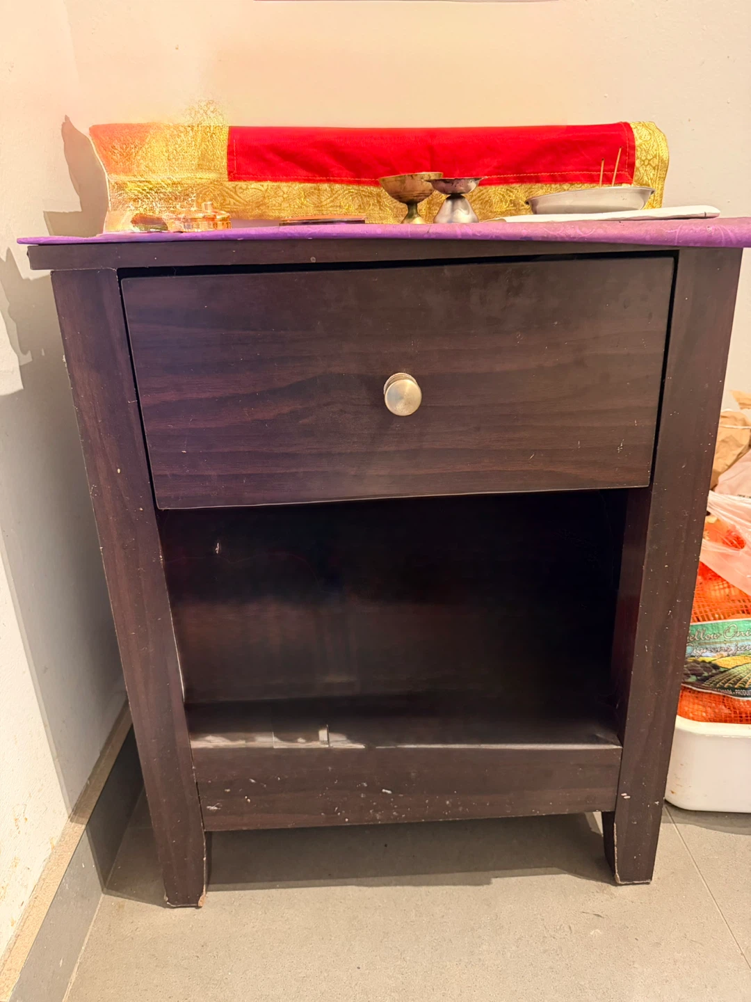 Dark Brown Nightstand with Drawer and Shelf