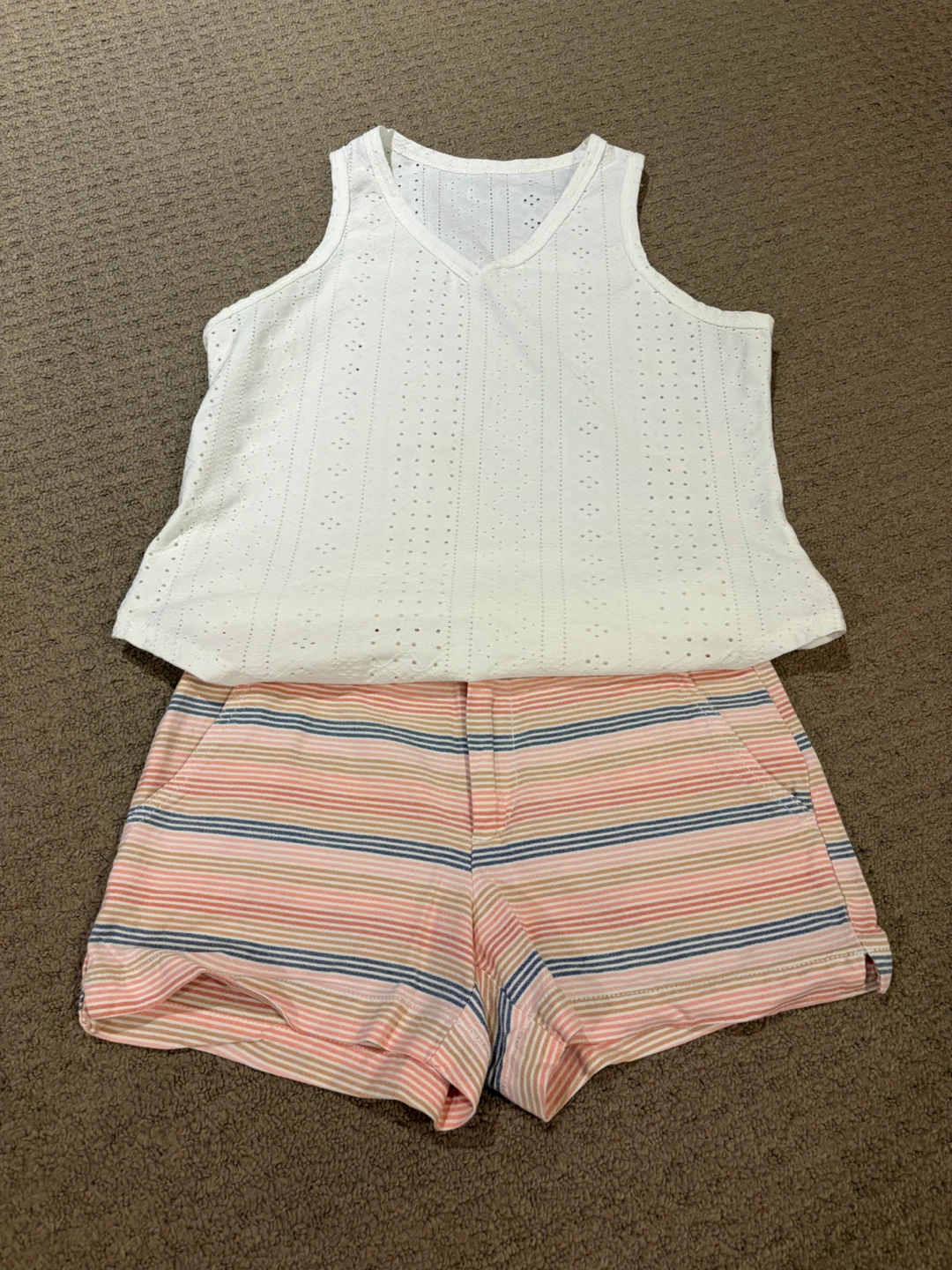 White Eyelet Tank Top & Striped Shorts Set