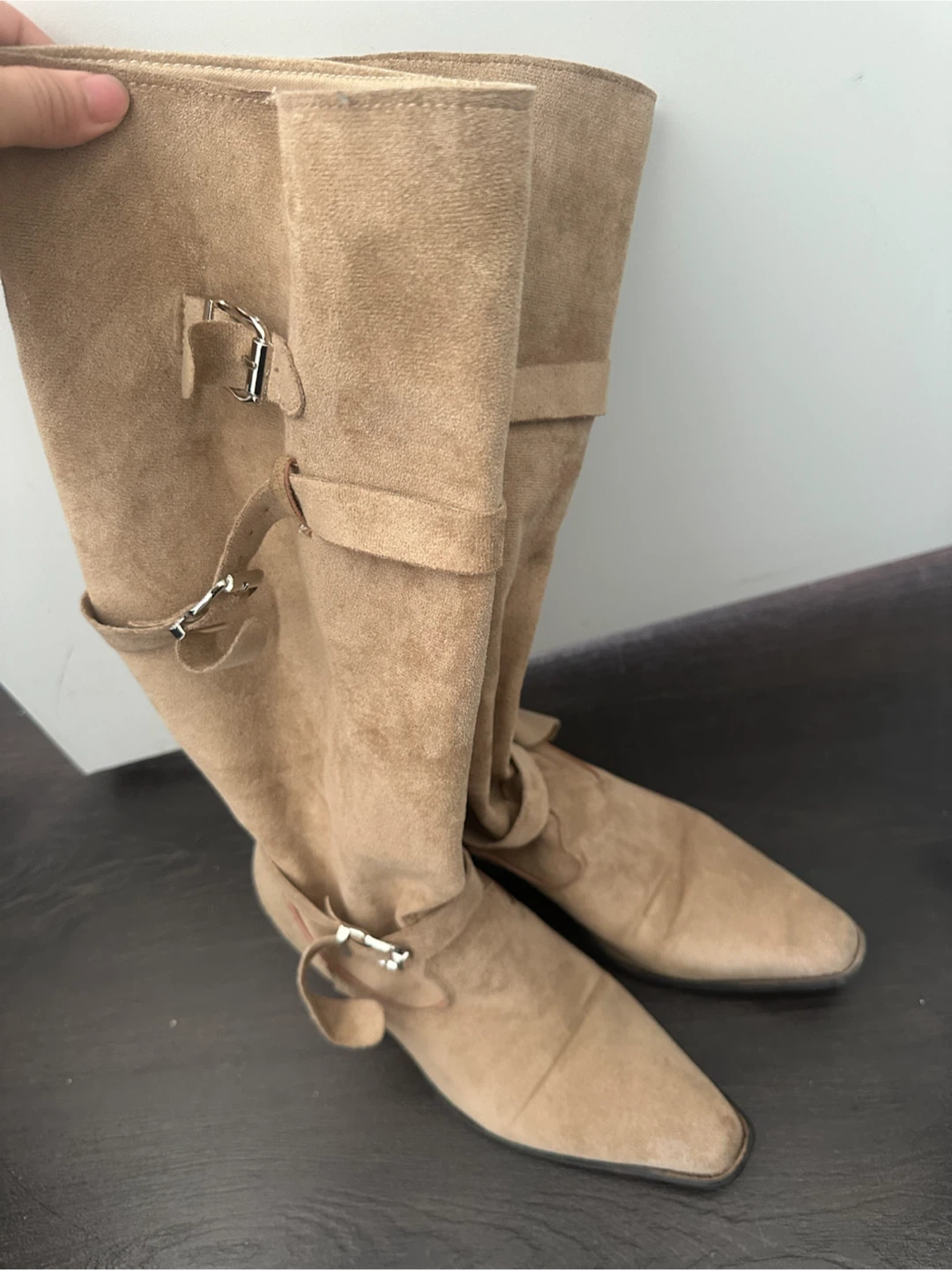 Tan Suede Buckle Tall Boots Size 39