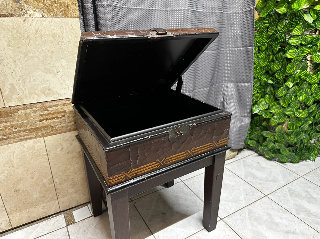 Dark wooden storage chest with a rustic, textured finish - photo 2