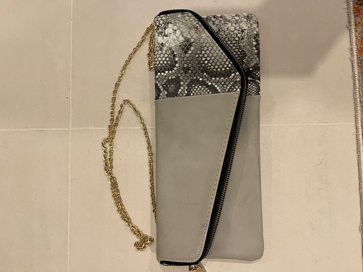 Grey and Snake Print Clutch with Gold Chain