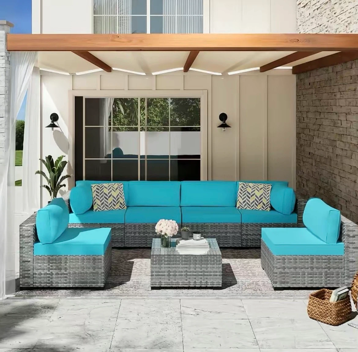 7-Piece Outdoor Wicker Sectional Sofa Set with Blue Cushions