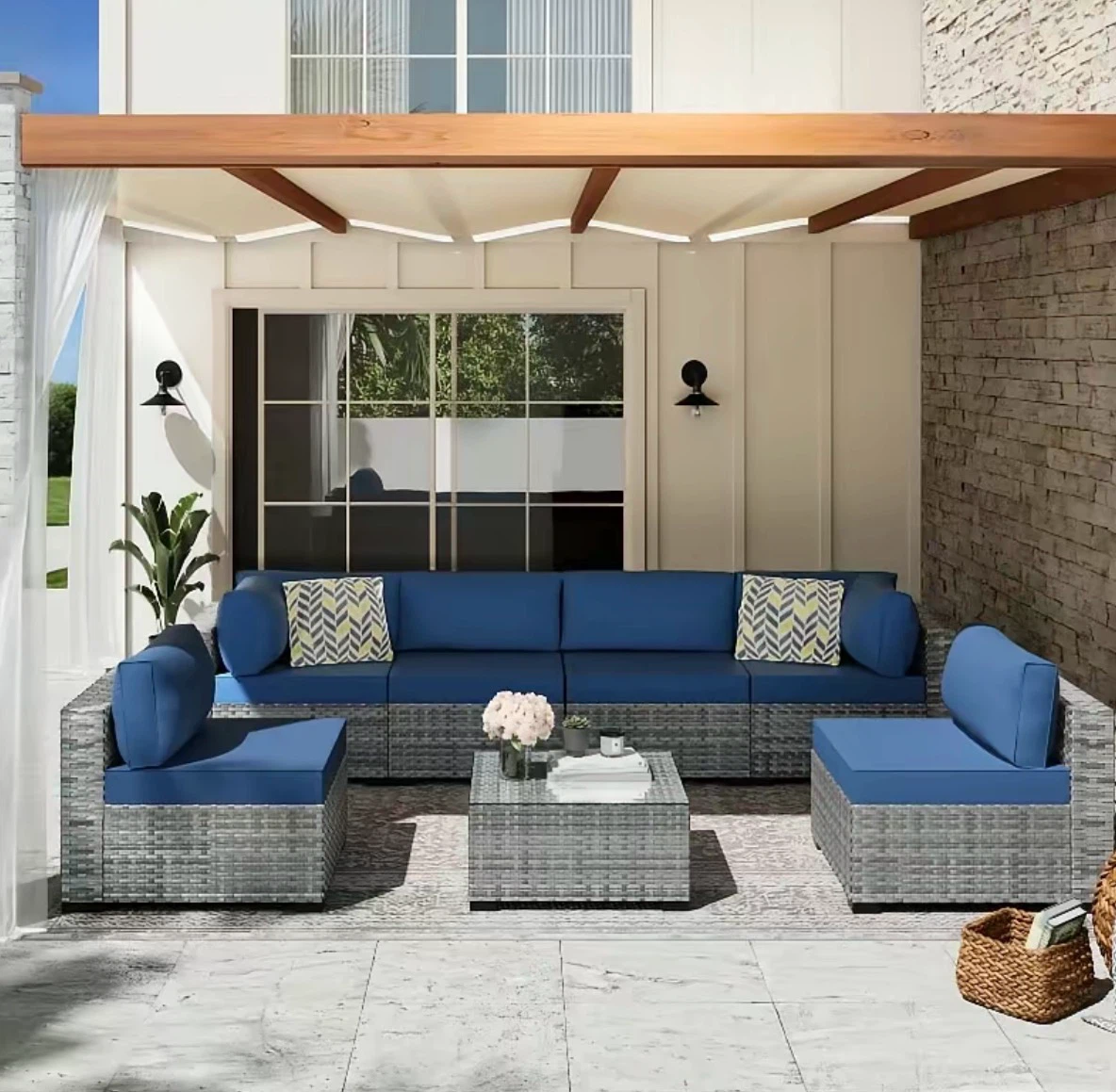 7-Piece Outdoor Wicker Sectional Sofa Set with Blue Cushions - photo 2