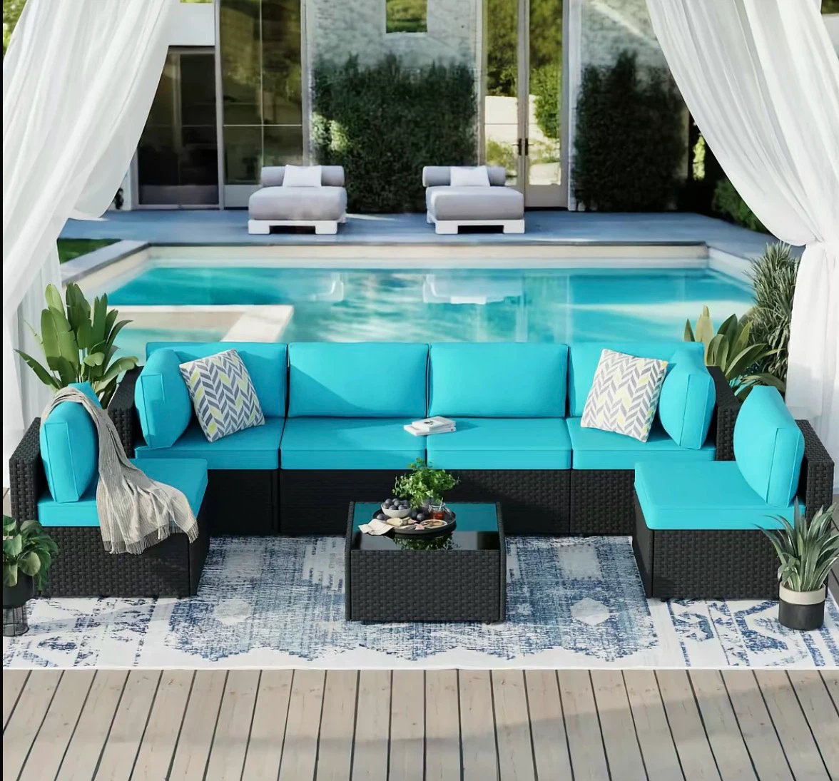 7-Piece Outdoor Wicker Sectional Sofa Set with Blue Cushions - photo 3