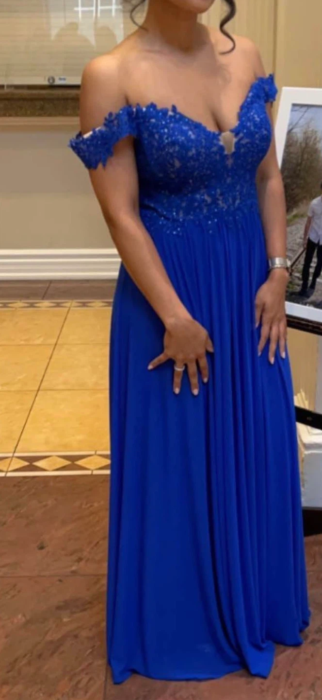 Royal Blue Off-the-Shoulder Lace Embellished Evening Gown