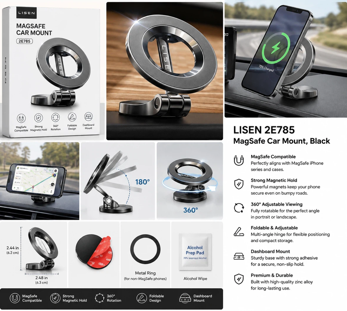 LISEN 2E785 MagSafe Car Mount, Black