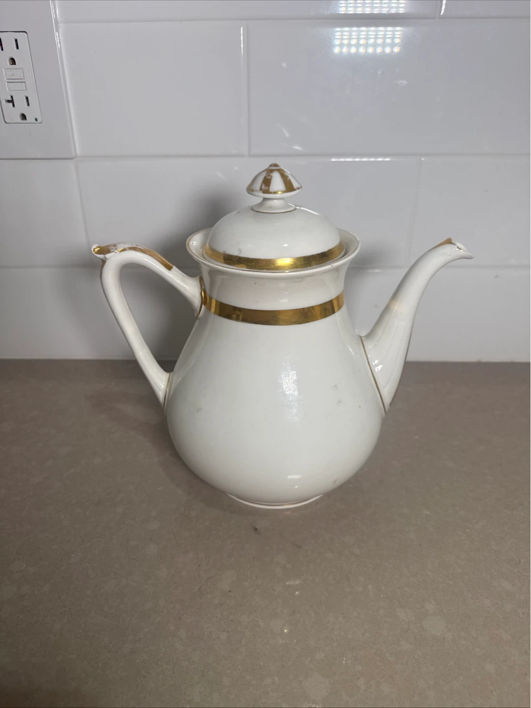 White Ceramic Teapot with Gold Trim