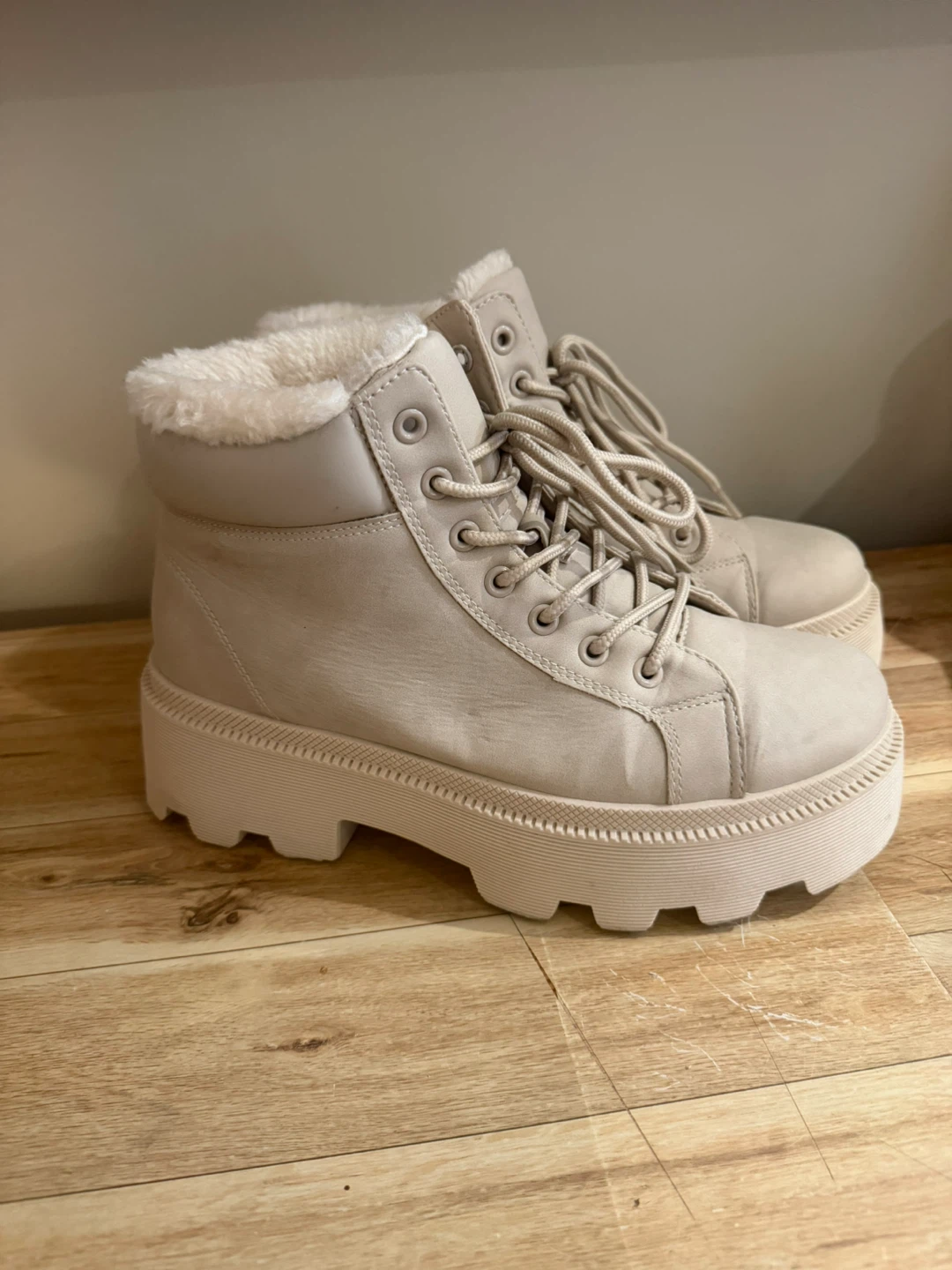 Cream Faux Fur Lined Combat Boots