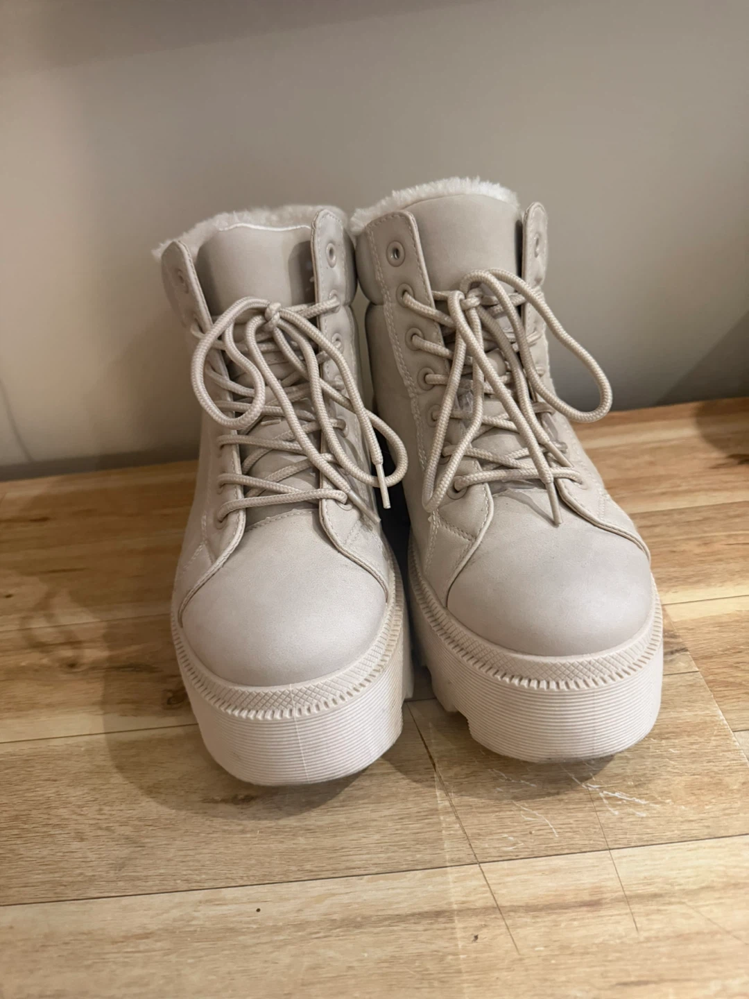 Cream Faux Fur Lined Combat Boots - photo 2