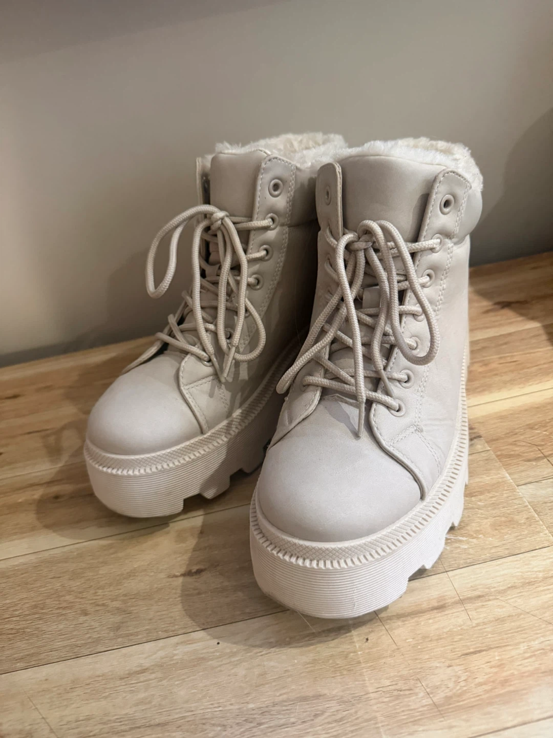 Cream Faux Fur Lined Combat Boots - photo 3