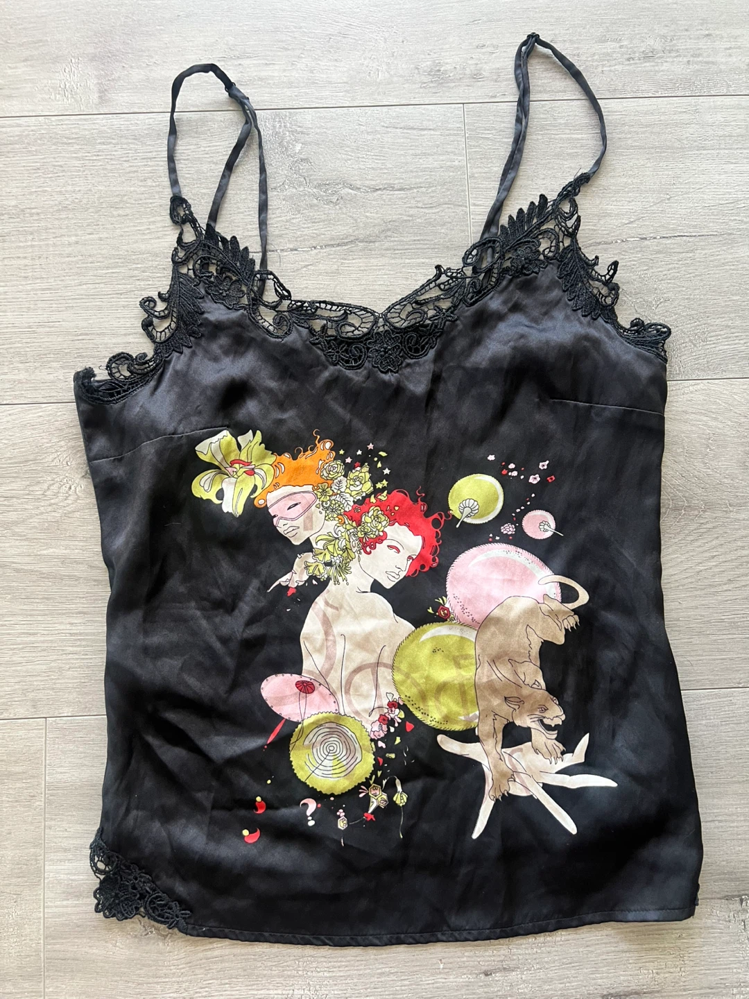 MNG Black sill cami with lace trim and graphic print