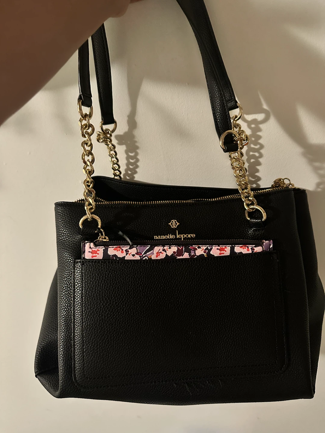 Nanette Lepore Black Tote Bag with Gold Chain