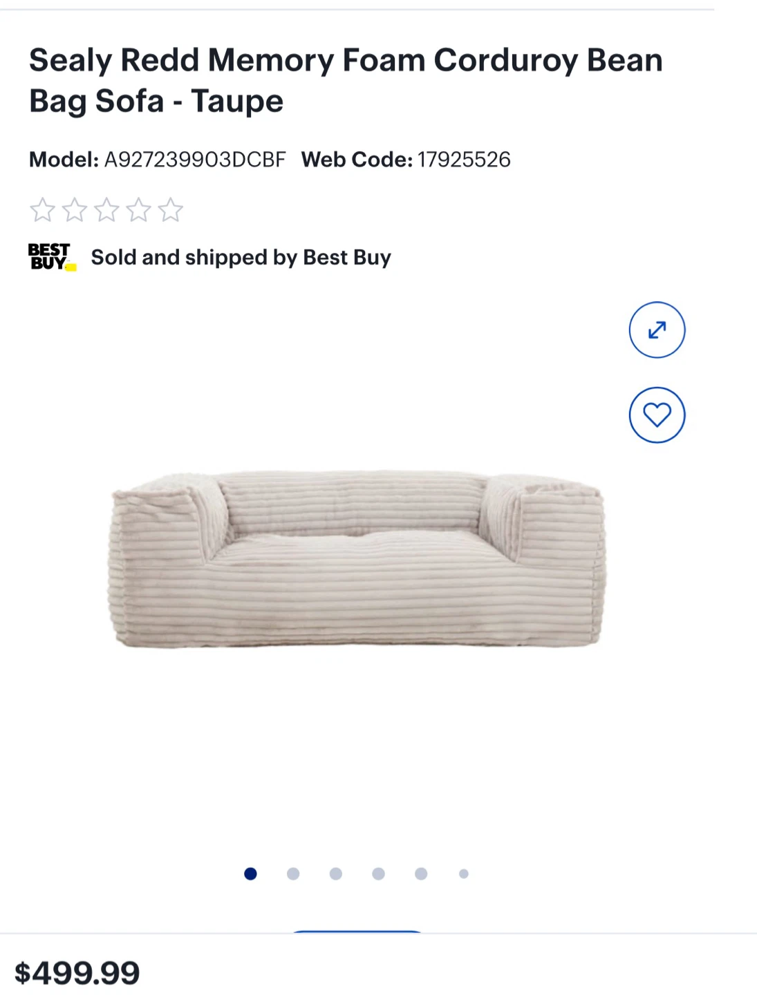 Sealy Redd 71" Corduroy Bean Bag Sofa