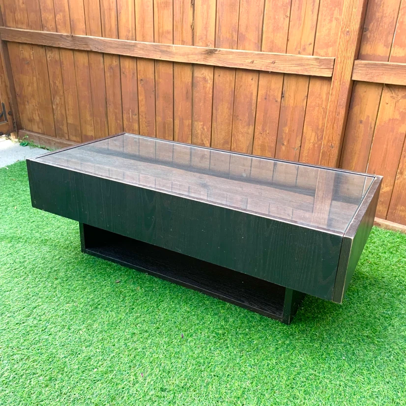 Dark Wood Coffee Table Glass Top 2 Drawers Storage Furniture