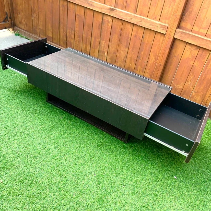 Dark Wood Coffee Table Glass Top 2 Drawers Storage Furniture - photo 2