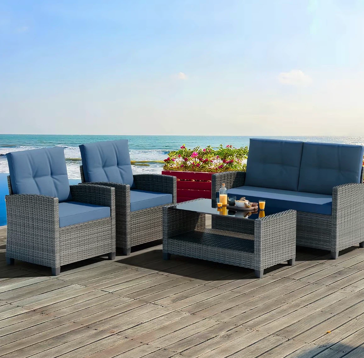 Rattan Patio Furniture Set with Blue Cushions