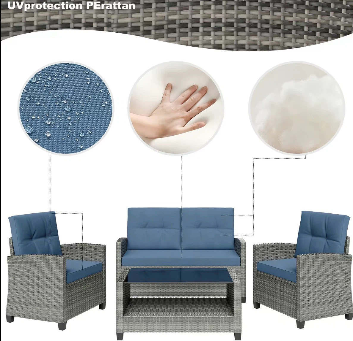 Rattan Patio Furniture Set with Blue Cushions - photo 2