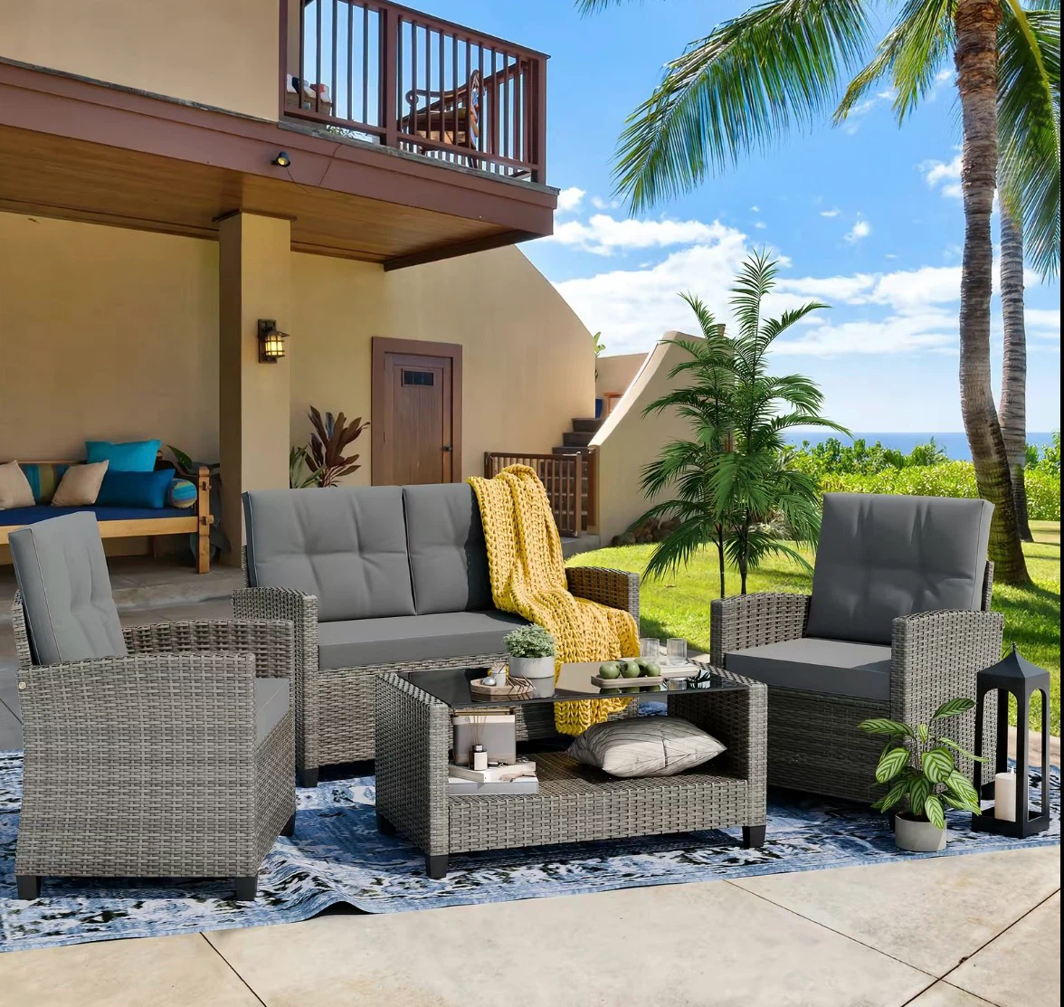 Rattan Patio Furniture Set with Blue Cushions - photo 3