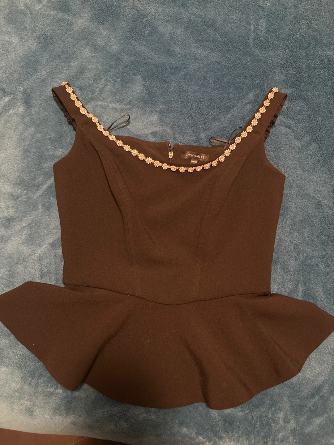 DYNAMITE Black Peplum Top with Embellished Neckline