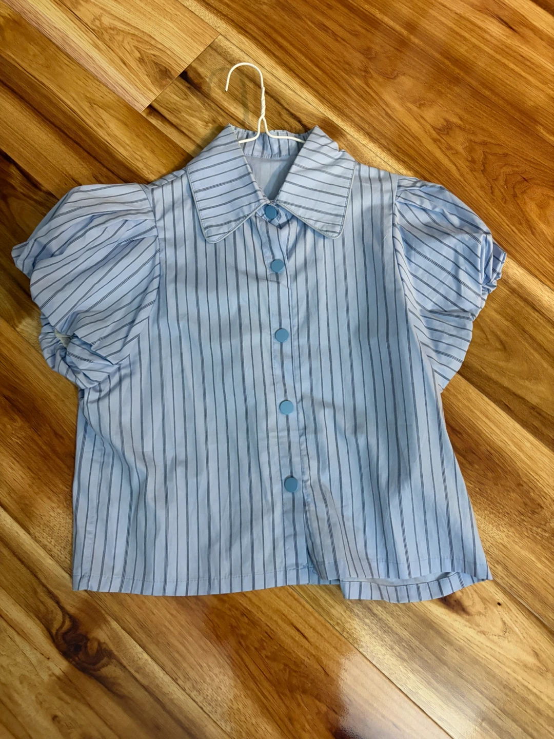 Korean Light Blue Striped Puff Sleeve Blouse